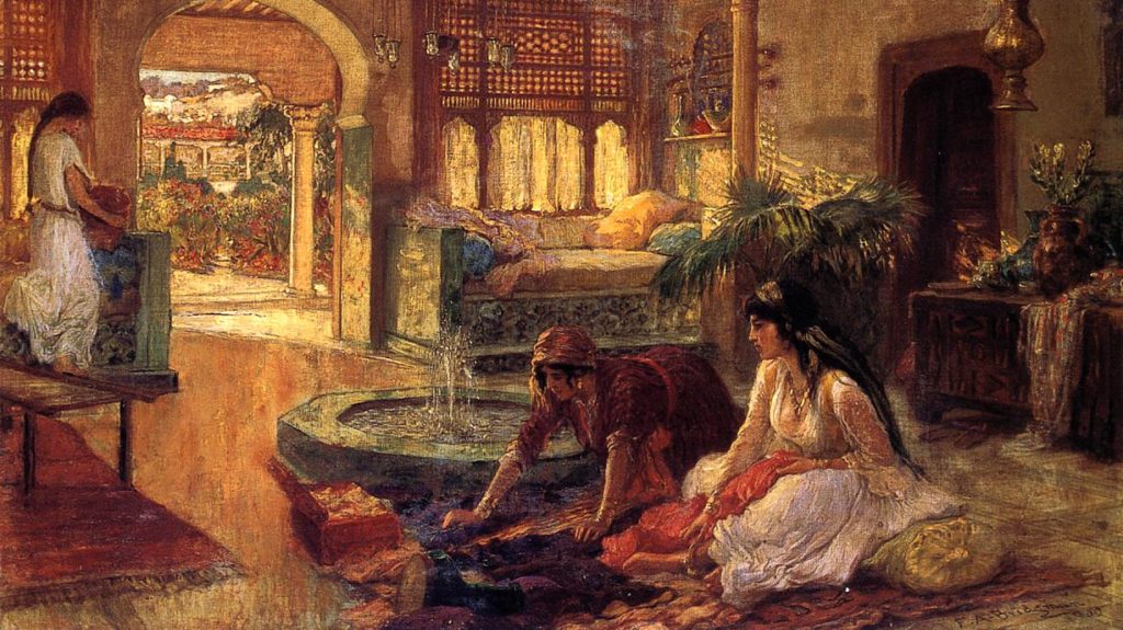 Painting showcasing living in the East. There are three women supposedly of a Middle Eastern descent and country