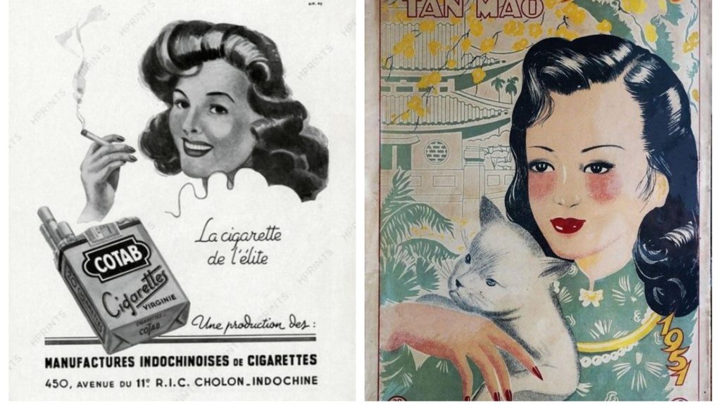 Two posters side by side of French makeup products in Vietnam