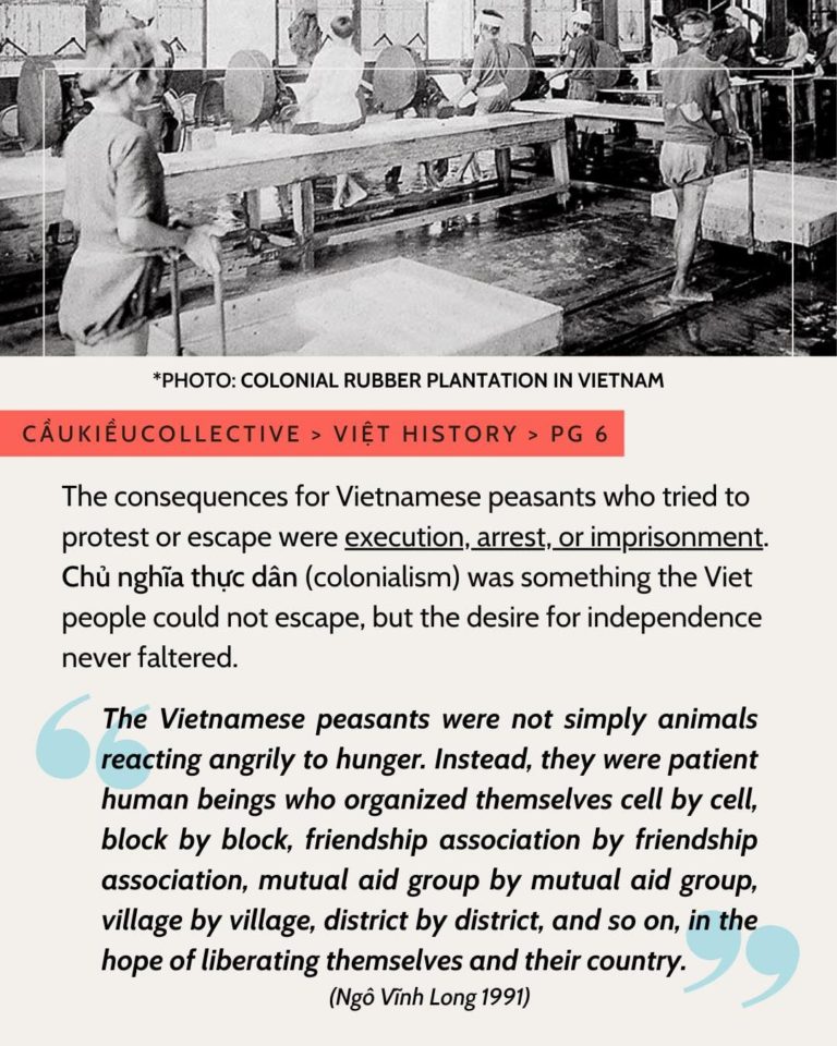 The consequences for Vietnamese peasants who tried to protest or escape were execution, arrest, or imprisonment. Chủ nghĩa thực dân (colonialism) was something the Viet people could not escape, but the desire for independence never faltered. “The Vietnamese peasants were not simply animals reacting angrily to hunger. Instead, they were patient human beings who organized themselves cell by cell, block by block, friendship association by friendship association, mutual aid group by mutual aid group, village by village, district by district, and so on, in the hope of liberating themselves and their country.” (Ngô Vĩnh Long 1991)