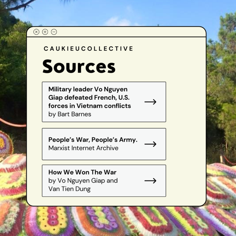 1. Barnes, Bart. 2013. “Military leader Vo Nguyen Giap defeated French, U.S. forces in Vietnam conflicts.” Washington Post, October 4. 2. Giap, Vo Nguyen. 2014(1961). People’s War, People’s Army. Marxist Internet Archive (Marxist.org). 3. Giap, Vo Ngueyn and Van Tien Dung. 1976. How We Won The War. Philadelphia: Omega Press, Inc.