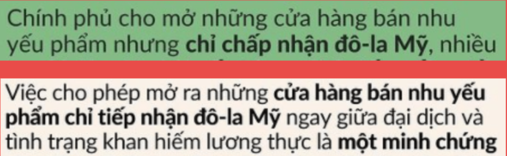 Ảnh: 2 câu trích từ bài của @Vietsforchange. Câu đầu: “Chính phủ cho mở các cửa hàng bán nhu yếu phẩm nhưng chỉ chấp nhận đồng đô la Mỹ, nhiều...” Câu tiếp: “Việc cho phép mở ra những cửa hàng bán nhu yếu phẩm chỉ tiếp nhận đô-la Mỹ ngay giữa đại dịch và tình trạng khan hiếm lương thực là một minh chứng…”