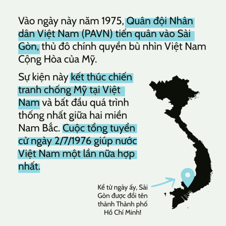 Vào ngày này năm 1975, Quân đội Nhân dân Việt Nam (PAVN) tiến quân vào Sài Gòn, thủ đô chính quyền bù nhìn Việt Nam Cộng Hòa của Mỹ. Sự kiện này kết thúc chiến tranh chống Mỹ tại Việt Nam và bất đầu quá trình thống nhất giữa hai miền Nam Bắc. Cuộc tổng tuyển cử ngày 2/7/1976 giúp nước Việt Nam một lần nữa hợp nhất. [Map of Vietnam with the caption: Kể từ ngày ấy, Sài Gòn được đổi tên thành Thành phố Hồ Chí Minh!]