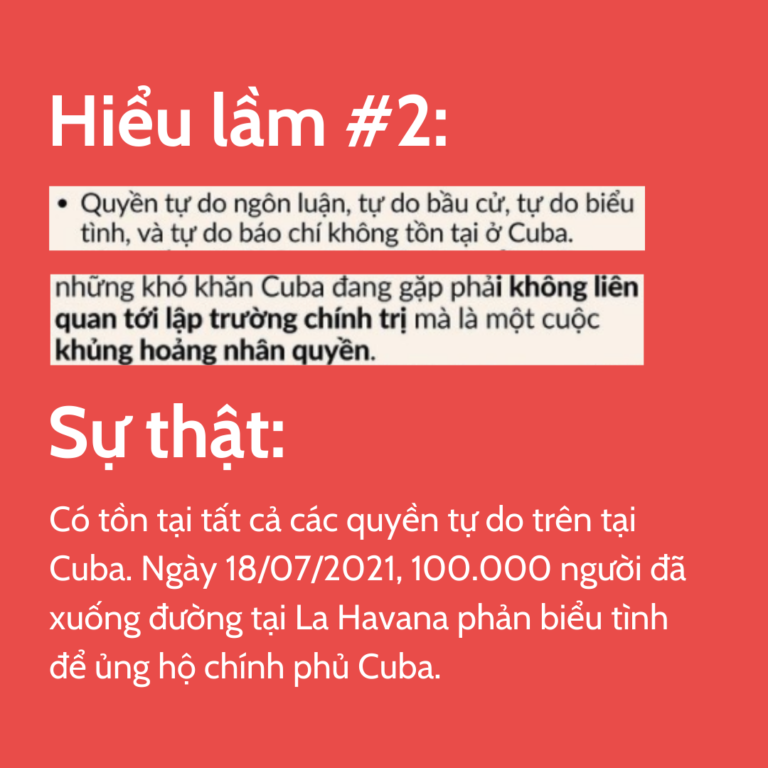 Hiểu lầm #2: Sự thật: Có tồn tại tất cả các quyền tự do trên tại Cuba. Ngày 18/07/2021, 100.000 người đã xuống đường tại La Havana phản biểu tình để ủng hộ chính phủ Cuba.