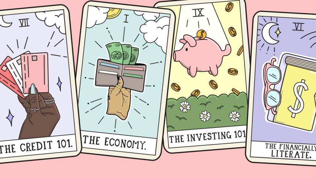 Graphic image of four tarot cards each with a symbol of capitalism including credit card, money, piggy bank, and more money