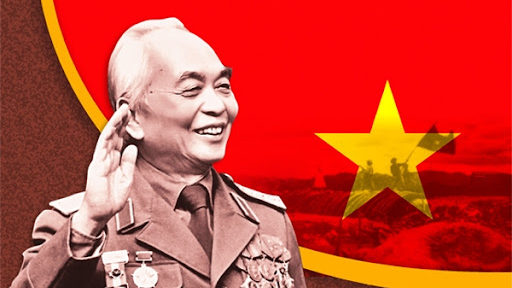 Graphic of Vo Nguyen Giap smiling with Vietnam flag in the background