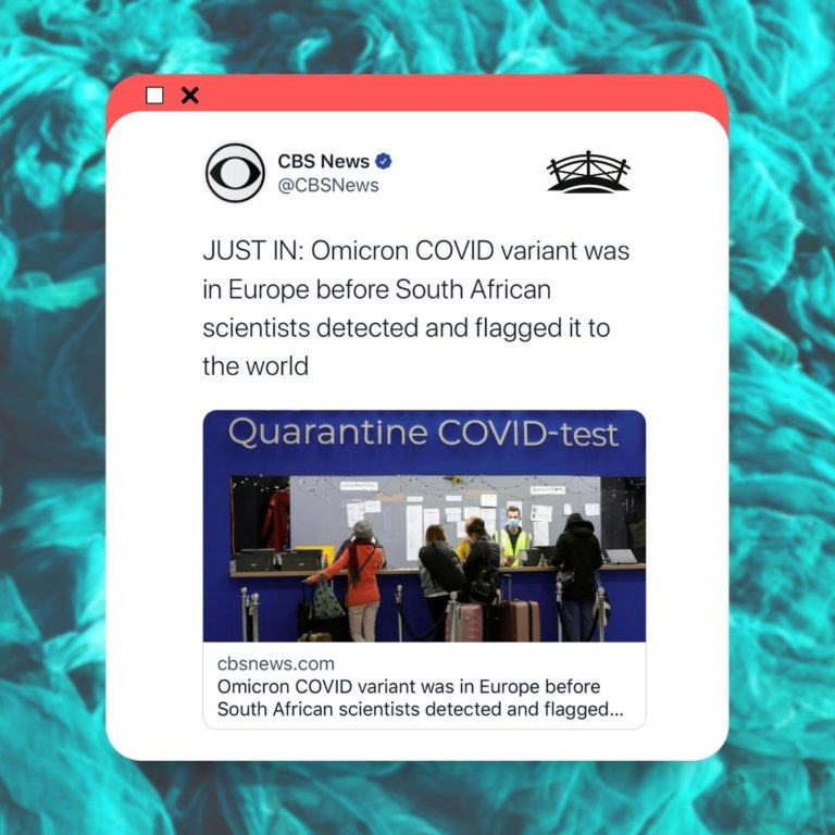 screenshot of twitter saying JUST IN: Omicron COVID variant was in Europe before South African scientists detected and flagged it to the world