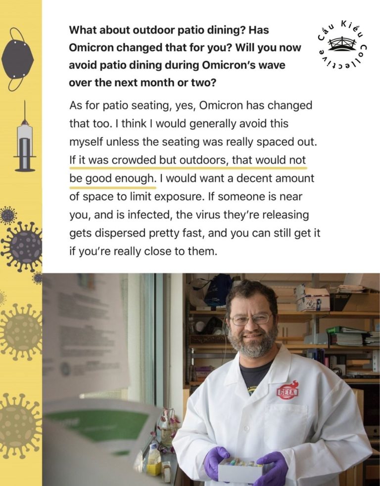 Screenshot of article: You’re saying that vaccines may not provide much protection against getting infected with Omicron, but is it still true with Omicron that vaccines are very effective at preventing serious illness and death? All the evidence right now shows that vaccines are incredibly effective in reducing the risk of severe illness and death from Covid. And this is true even for new variants such as Delta and Omicron, even though the vaccines were not specifically designed for them. One can reduce the risk of severe illness even more by getting a booster shot. This reduction in risk is very, very clear from all the data. The one issue with Omicron that is different than with other variants is that just getting the regular vaccine dose (e.g., two Pfizer shots) does not reduce the risk of severe illness as much as it did for other variants. In other words, to reduce the risk of severe illness or death, it seems that a booster is very important here. There is an image of the microbiome expert smiling in laboratory clothing and gloves