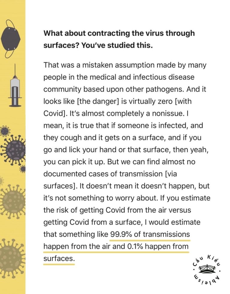 Screenshot of article: What about contracting the virus through surfaces? You’ve studied this. That was a mistaken assumption made by many people in the medical and infectious disease community based upon other pathogens. And it looks like [the danger] is virtually zero [with Covid]. It’s almost completely a nonissue. I mean, it is true that if someone is infected, and they cough and it gets on a surface, and if you go and lick your hand or that surface, then yeah, you can pick it up. But we can find almost no documented cases of transmission [via surfaces]. It doesn’t mean it doesn’t happen, but it’s not something to worry about. If you estimate the risk of getting Covid from the air versus getting Covid from a surface, I would estimate that something like 99.9% of transmissions happen from the air and 0.1% happen from surfaces.