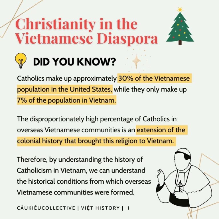 Christianity in the Vietnamese Diaspora - Did you know? Catholics make up approximately 30% of the Vietnamese population in the United States, while they only make up 7% of the population in Vietnam. The disproportionately high percentage of Catholics in overseas Vietnamese communities is an extension of the colonial history that brought this religion to Vietnam. Therefore, by understanding the history of Catholicism in Vietnam, we can understand the historical conditions from which overseas Vietnamese communities were formed.